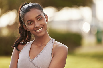 Image showing Woman, portrait and fitness outdoor of a Indian female person with a smile from exercise. Workout, mockup and sport of a runner athlete in nature for health, training and wellness with happiness