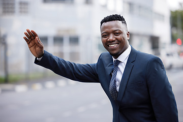 Image showing Black man, business portrait and hand for taxi and public transport in city with travel. Urban, African male and professional on a road and street in a suit with happiness and a smile while traveling