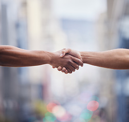 Image showing Closeup, handshake and people meeting outdoor for introduction, agreement and support of deal, partnership or welcome. Thank you, greeting and shaking hands for hello, networking and trust of success