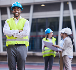 Image showing Architect, civil engineering and portrait of happy man with arms crossed for industrial design, construction site and team. Male contractor, infrastructure and project management of property building