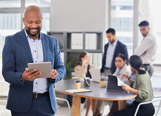 Image showing Tablet, office and business man or manager reading online, happy management, team leadership or workflow check. Schedule, agenda or typing of african person, boss or leader on digital tech in meeting