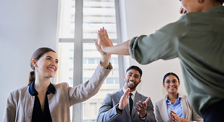 Image showing Happy business people, high five and applause for success, teamwork and winning partnership, cooperation and collaboration. Excited employees, celebration and smile for goals, achievement and target