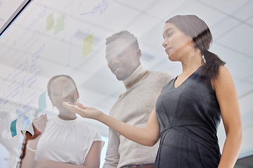 Image showing Team, ideas on glass board and brainstorming strategy, sticky note and employees working together on agenda. Collaboration, meeting with business people and planning, project management and notes