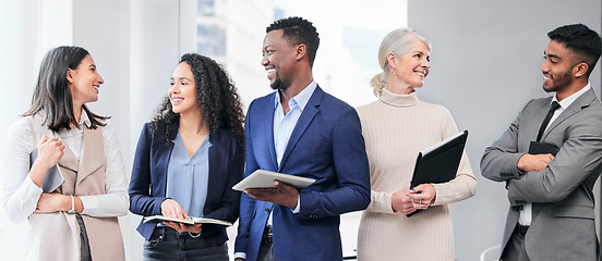 Image showing Business people, group and happy with diversity in finance agency, talk or ready for meeting. Men, women and conversation with teamwork, financial management or tech for solidarity in modern office