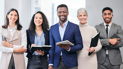 Image showing Business people, group portrait and diversity in finance agency, smile and ready for meeting. Confident men, women and pride for teamwork, financial management or tech for solidarity in modern office