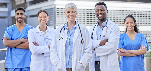 Image showing Doctor team, city and portrait with happiness from healthcare and wellness workers. Urban, nursing people and happy clinic group with doctors motivation and support with expert and diversity staff