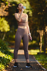 Image showing Fitness, woman and drinking water in nature for rest, sustainability or healthy wellness from exercise. Calm female person, athlete or runner with drink for hydration after cardio workout in forest