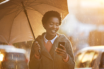 Image showing Smile, umbrella and black woman with a smartphone, typing and connection for social media, network or sms. Female person outdoor, rain or girl with a cellphone, mobile app or chatting with insurance