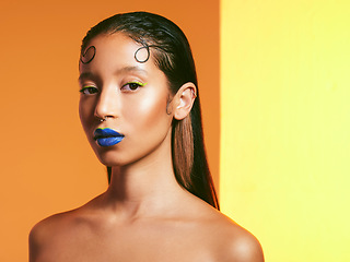 Image showing Makeup, color art and portrait of woman in studio for cosmetics, eye shadow and beauty products. Creative, cosmetology and face of female person with blue lipstick for glamour, fashion and style