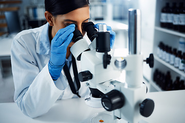 Image showing Science, scientist and woman with microscope in laboratory for medical research, analysis and test. Healthcare, biotechnology and female chemist with equipment for study, sample and examine virus