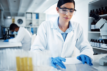 Image showing Science, research and woman on tablet in laboratory for medical analysis, internet or online report. Healthcare, biotechnology and female scientist on digital tech for medicine, study or test results