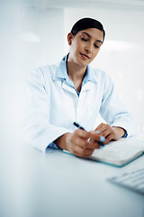 Image showing Woman, scientist and writing in book for research in science discovery, breakthrough or information at lab. Female person or medical expert with notebook for scientific data or results in laboratory