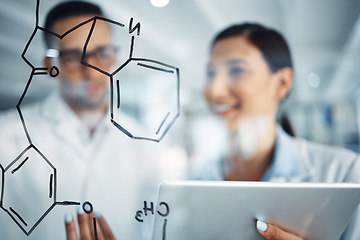 Image showing Chemistry formula, tablet and man and woman with equation for medical research, medicine and solution. Healthcare, teamwork and male and female scientist with idea, analysis and tablet in laboratory