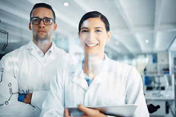 Image showing Science, team and portrait of doctors with digital tablet for collaboration, innovation and solution in lab. Healthcare, teamwork and face of medical expert people online in a laboratory for research