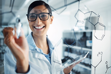 Image showing Science, formula and woman with tablet for chemistry equation for medical research, analysis and solution. Healthcare, pharmaceutical and happy female scientist with digital tech writing on glass