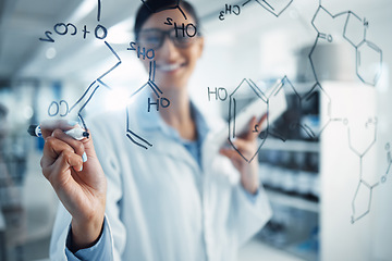 Image showing Science, formula and woman writing chemistry equation for medical research, analysis and solution. Healthcare, pharmaceutical and happy female scientist with tablet write on glass wall in laboratory