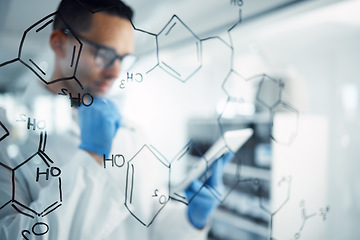 Image showing Science, tablet and man with medical formula for chemistry research, equation and solution. Healthcare, pharmaceutical and male scientist brainstorming ideas for medicine development in laboratory