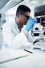 Image showing Man, scientist and microscope, analysis in laboratory and check DNA sample with science experiment. Male doctor analyze data in lab, scientific innovation for development and medical research