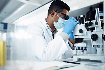 Image showing Man, scientist and microscope, analysis and check DNA sample with science experiment in laboratory. Male doctor with mask, gloves and analyze data with scientific innovation and medical research