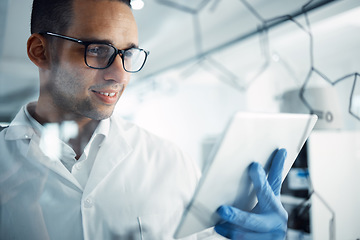 Image showing Science, tablet and man with formula for research, medical development and solution in laboratory. Healthcare, biotechnology and male scientist with digital tech for medicine, analysis and results