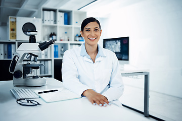 Image showing Science, portrait and woman with microscope in laboratory for medical research, analysis and test. Healthcare, biotechnology and face of female scientist with equipment for study, sample and medicine