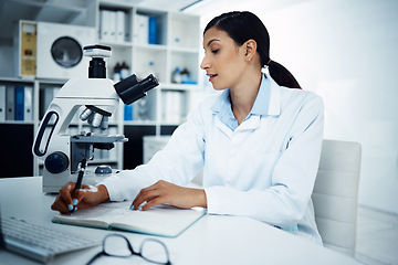 Image showing Woman, scientist and writing notes in research for science discovery, breakthrough or information at lab. Female person or medical expert with notebook for scientific data or results in laboratory