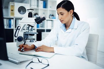 Image showing Woman, scientist and writing in science research for discovery, breakthrough or information at lab. Female person or medical expert with notebook for medicine data, notes or results in laboratory