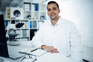 Image showing Science, scientist and portrait of man in laboratory for medical research, analysis and dna test. Healthcare, biotechnology and male chemist with equipment and notebook for study, medicine and virus