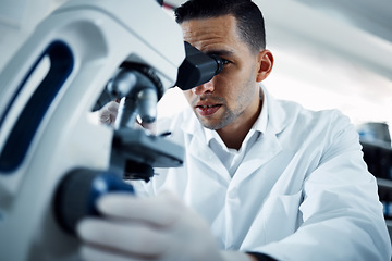 Image showing Microscope, science and man scientist in a lab for research, medical and innovation. Healthcare, experiment and male expert with bacteria for development, observation or medical, sample and reaction