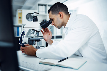 Image showing Science, scientist and man with microscope in laboratory for medical research, analysis and dna test. Healthcare, biotechnology and male chemist with equipment for study, medicine sample and virus