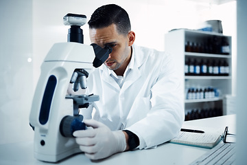 Image showing Notebook, microscope and man scientist in a laboratory for experiment, analysis and innovation. Science, development and male health expert checking results, dna or bacteria medical or sample in lab