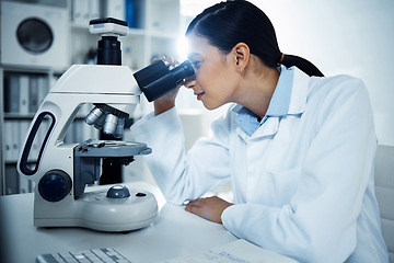 Image showing Science, laboratory and woman with microscope for medical analysis, research and test. Healthcare, biotechnology and female scientist with equipment for study, virus sample and medicine development