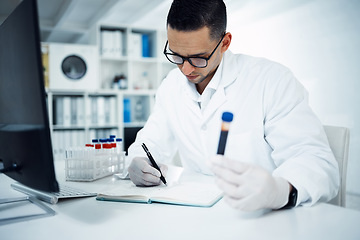 Image showing Man, scientist and writing with blood sample for research, cure or vaccine discovery in science lab. Male person or medical expert with notebook for scientific DNA, test or results in the laboratory