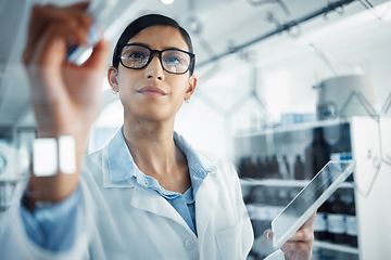 Image showing Science, equation and woman with tablet for chemistry formula for medical research, analysis and solution. Healthcare, pharmaceutical and female scientist with digital tech writing ideas on glass