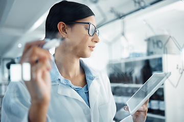 Image showing Tablet, solution and woman scientist in a laboratory planning a science equation on a board. Technology, medical innovation and female researcher working on pharmaceutical project with digital mobile
