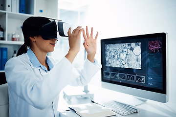 Image showing Woman, scientist and VR goggles with computer screen, futuristic tech with metaverse and innovation in laboratory. Virtual reality, digital science data and UX with biotechnology research of bacteria