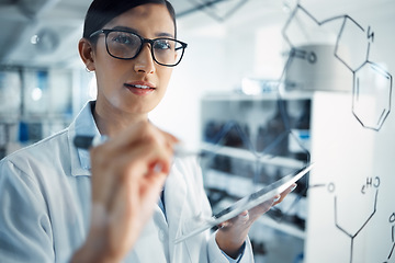 Image showing Woman with tablet, scientist and glass board, formula and equation with problem solving and scientific study in lab. Female doctor writing, chemistry and science innovation with medical research