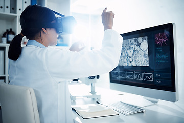 Image showing Woman, scientist and VR goggles with metaverse, computer screen with futuristic tech and science innovation in lab. Virtual reality, digital data and UX with scientific experiment and female doctor