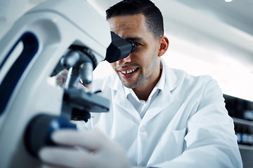 Image showing Science, research and man with microscope in laboratory for medical analysis, innovation and dna test. Healthcare, biotechnology and male scientist with equipment for study, virus sample and medicine