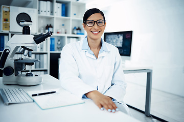 Image showing Science, laboratory and portrait of woman with notebook for medical research, analysis and writing notes. Healthcare, biotechnology and female scientist with microscope for study, sample and test