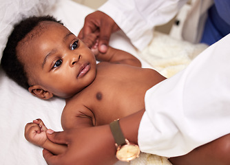 Image showing African, little baby and bed for health checkup with doctor or paediatrician with infant or healthcare clinic and medical wellness. Child patient, consulting and expert with toddler in the hospital