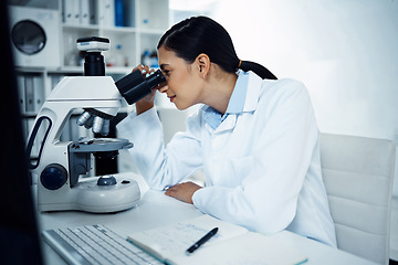 Image showing Microscope, science and woman in laboratory for medicine research, analysis and dna testing. Healthcare, biotechnology and female chemist with medical equipment for study, sample and examine virus