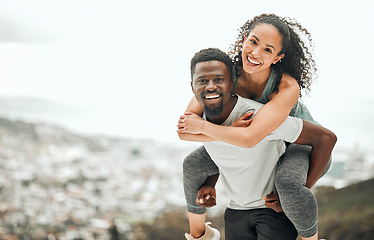 Image showing Happy couple in portrait, piggyback and hiking outdoor with smile and fitness with interracial people. Mockup space, workout together and trekking, black man with woman and happiness in relationship