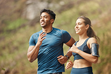 Image showing Running, park and couple of friends training for sports and health outdoor. Fitness, workout and sport wellness run of young runner people together in nature with athlete exercise and race cardio