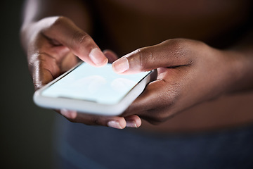 Image showing Mock up, phone screen or hands of person at gym on digital app for fitness workout or tracking training. Mockup space, typing or athlete online on social media to scroll for health tips or research