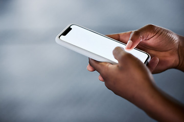 Image showing Fitness, phone screen or hands of person with mockup on digital app for gym workout or tracking training. Mockup space, closeup or athlete typing online on social media to scroll for health research