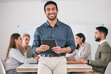 Image showing Tablet, business meeting and portrait of man or manager with employees engagement, b2b planning and agenda or schedule. Leadership, management and happy asian person on digital technology in office