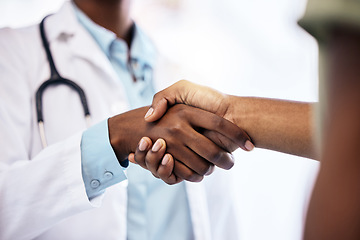 Image showing Handshake, welcome and a doctor meeting a patient in the hospital for healthcare, insurance or medical treatment. Medicine, trust or thank you with a health professional shaking hands in a clinic