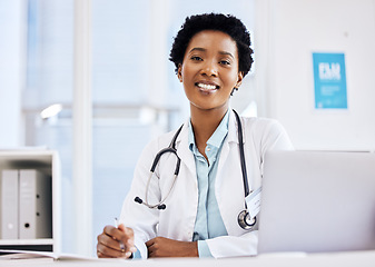 Image showing Medical, notebook and doctor with portrait of black woman for planning, schedule and research. Medicine, healthcare and report with employee writing in clinic for consulting, results and study