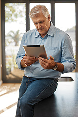 Image showing Senior, man and real estate agent with tablet in home for property sales online. House, realtor and male person with technology, entrepreneur or business professional on app, email or web research.